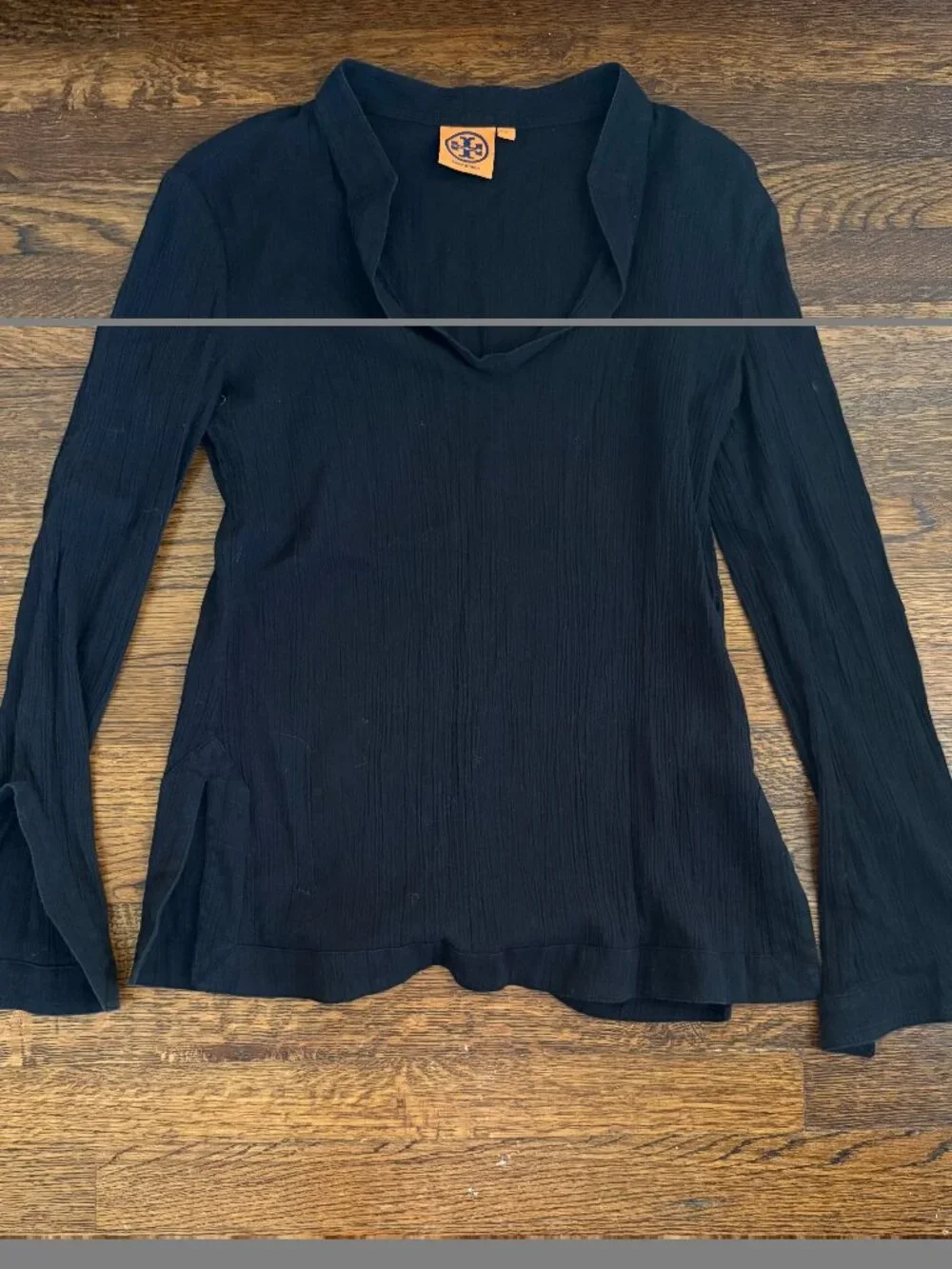 Tory Burch Black Textured Long Sleeve Tunic Top Boho Resort V Neck